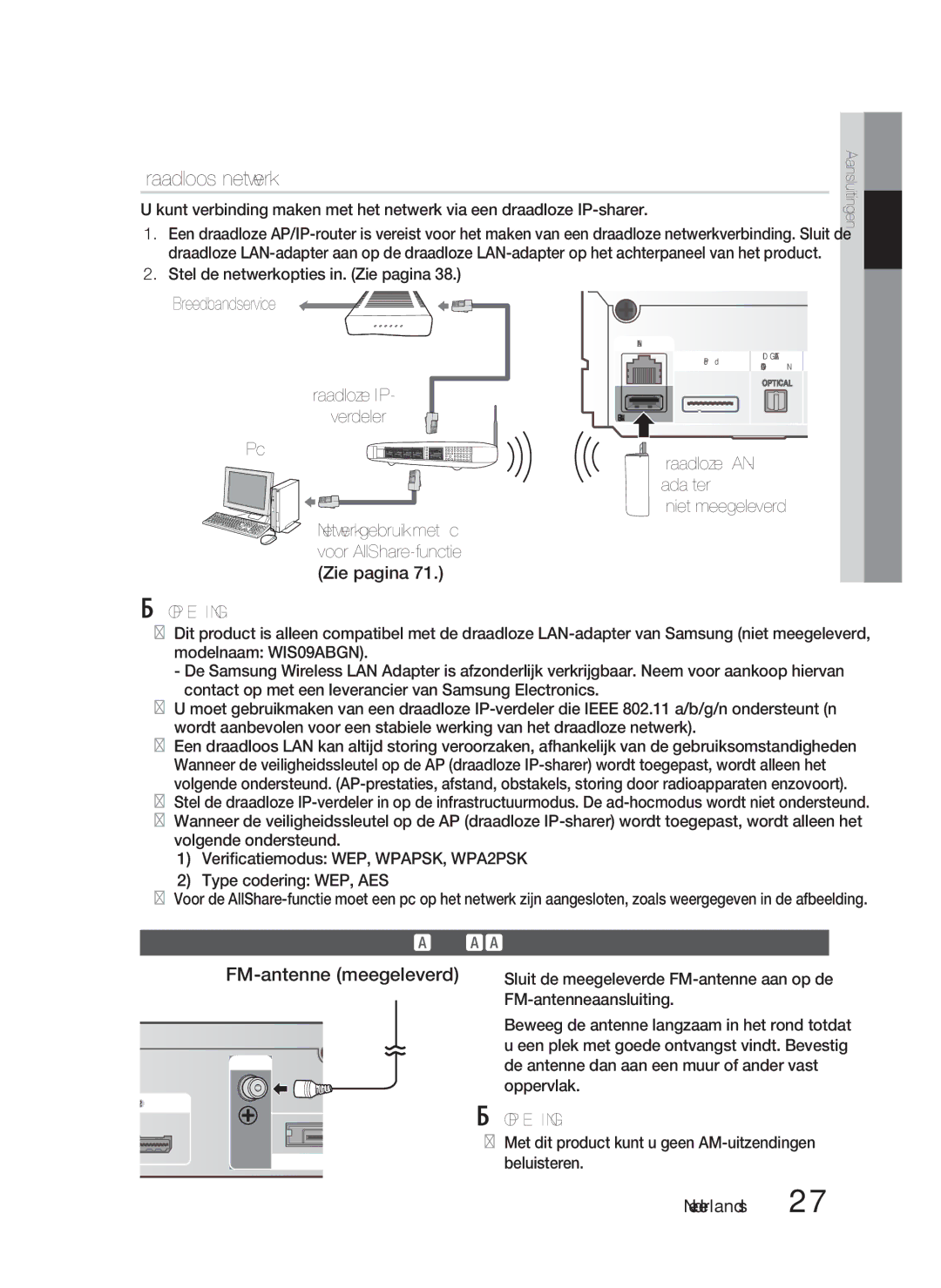 Samsung HT-D5500/XN, HT-D5530/XN FM-antenne meegeleverd, Draadloze LAN- adapter Niet meegeleverd, De FM-antenne aansluiten 