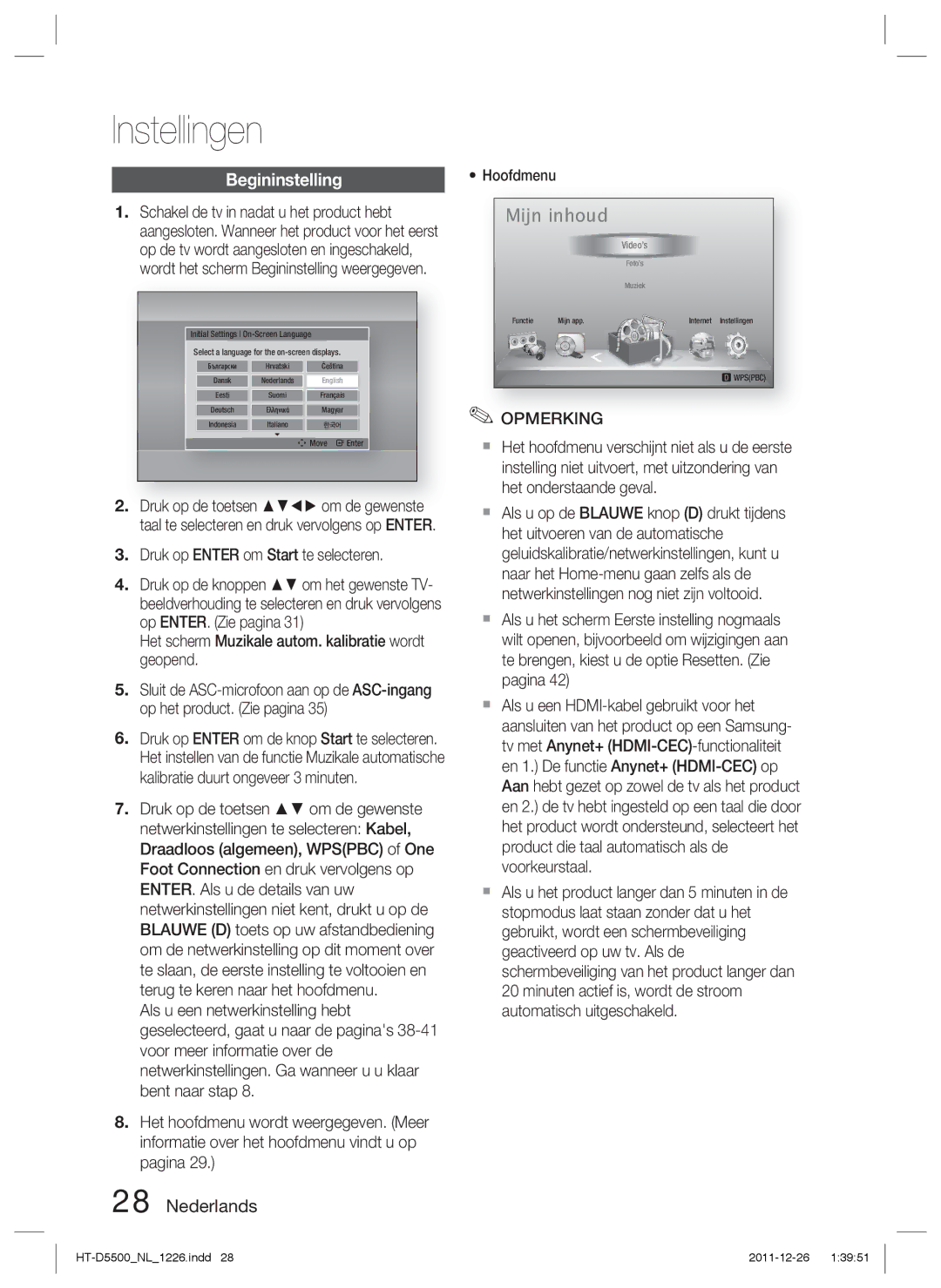 Samsung HT-D5550/EN, HT-D5530/XN manual Instellingen, Begininstelling, Druk op Enter om Start te selecteren, Hoofdmenu 