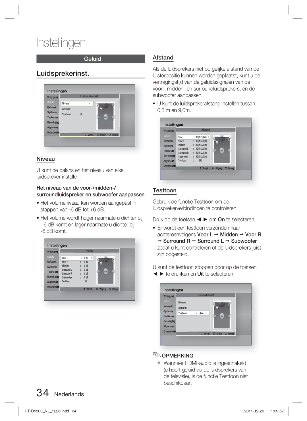 Samsung HT-D5530/XN, HT-D5500/XN, HT-D5550/EN, HT-D5500/ZA, HT-D5500/EN manual Luidsprekerinst, Nederlands Afstand, Testtoon 