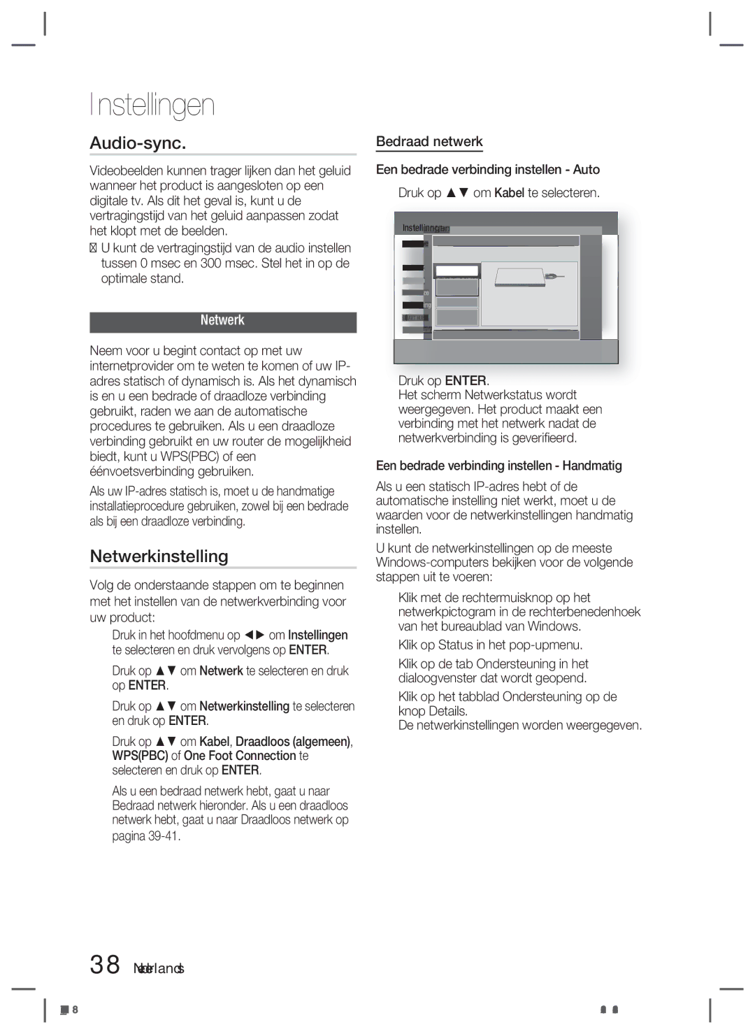 Samsung HT-D5500/EN, HT-D5530/XN, HT-D5500/XN, HT-D5550/EN, HT-D5500/ZA manual Audio-sync, Netwerkinstelling, Bedraad netwerk 