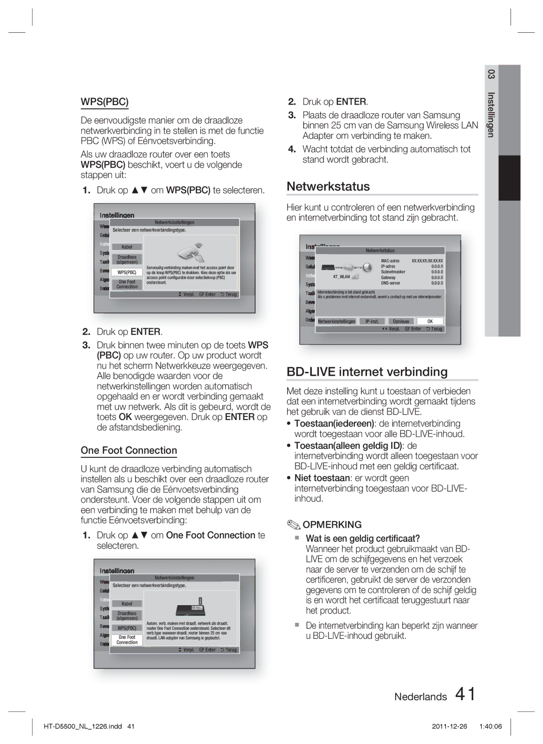 Samsung HT-D5500/ZF, HT-D5530/XN Netwerkstatus, BD-LIVE internet verbinding, Druk op om One Foot Connection te selecteren 