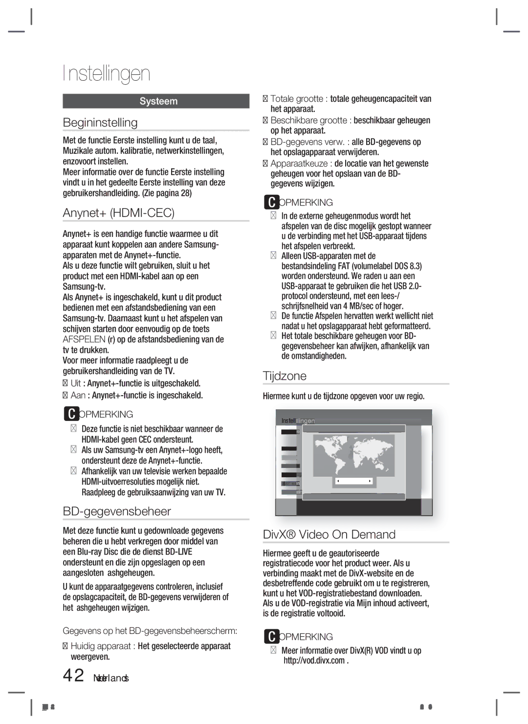 Samsung HT-D5530/XN, HT-D5500/XN, HT-D5550/EN Begininstelling, BD-gegevensbeheer, Tijdzone, DivX Video On Demand, Systeem 