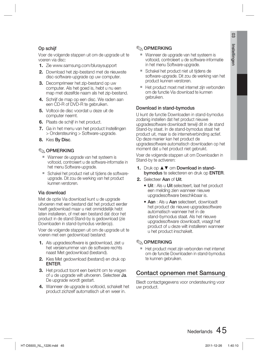 Samsung HT-D5500/ZA, HT-D5530/XN Contact opnemen met Samsung, Op schijf, Via download, Download in stand-bymodus, Enter 