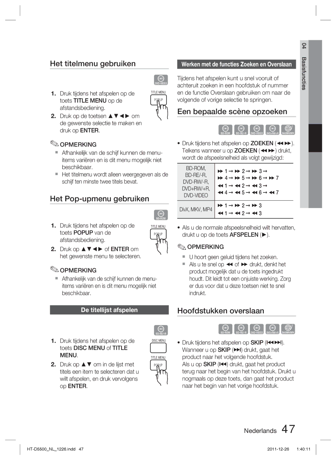 Samsung HT-D5530/ZF Het titelmenu gebruiken, Het Pop-upmenu gebruiken, Een bepaalde scène opzoeken, Hoofdstukken overslaan 