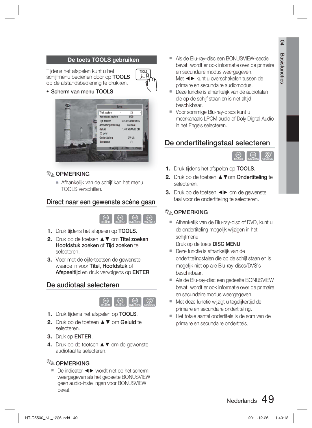 Samsung HT-D5500/ZF, HT-D5530/XN manual De audiotaal selecteren, De ondertitelingstaal selecteren, De toets Tools gebruiken 