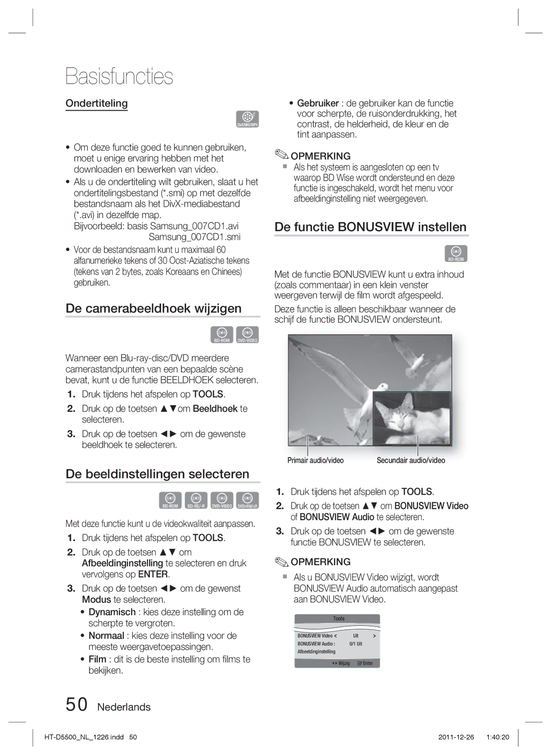 Samsung HT-D5530/XN manual De functie Bonusview instellen, De camerabeeldhoek wijzigen, De beeldinstellingen selecteren 