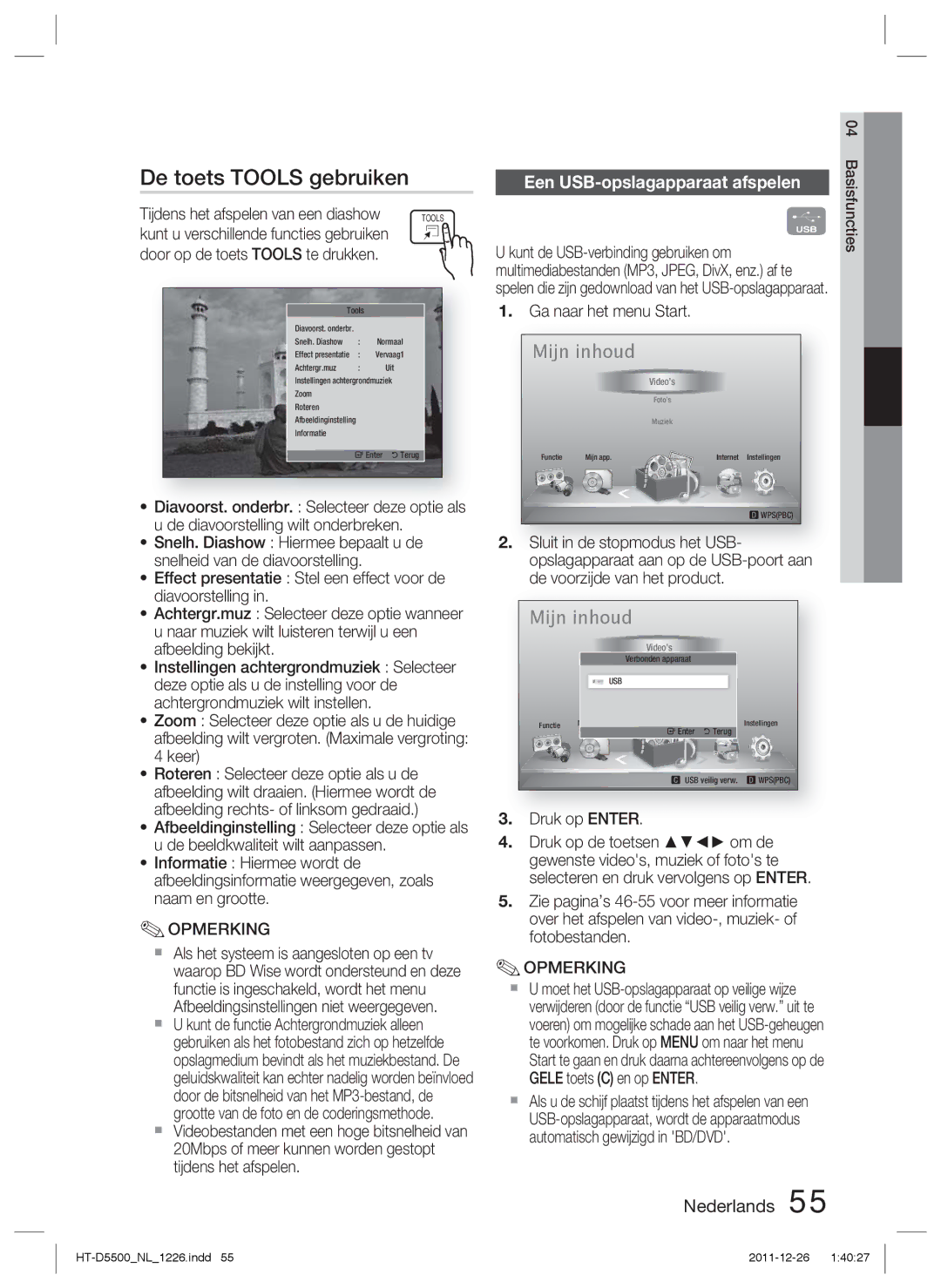 Samsung HT-D5530/ZF manual De toets Tools gebruiken, Een USB-opslagapparaat afspelen, Tijdens het afspelen van een diashow 