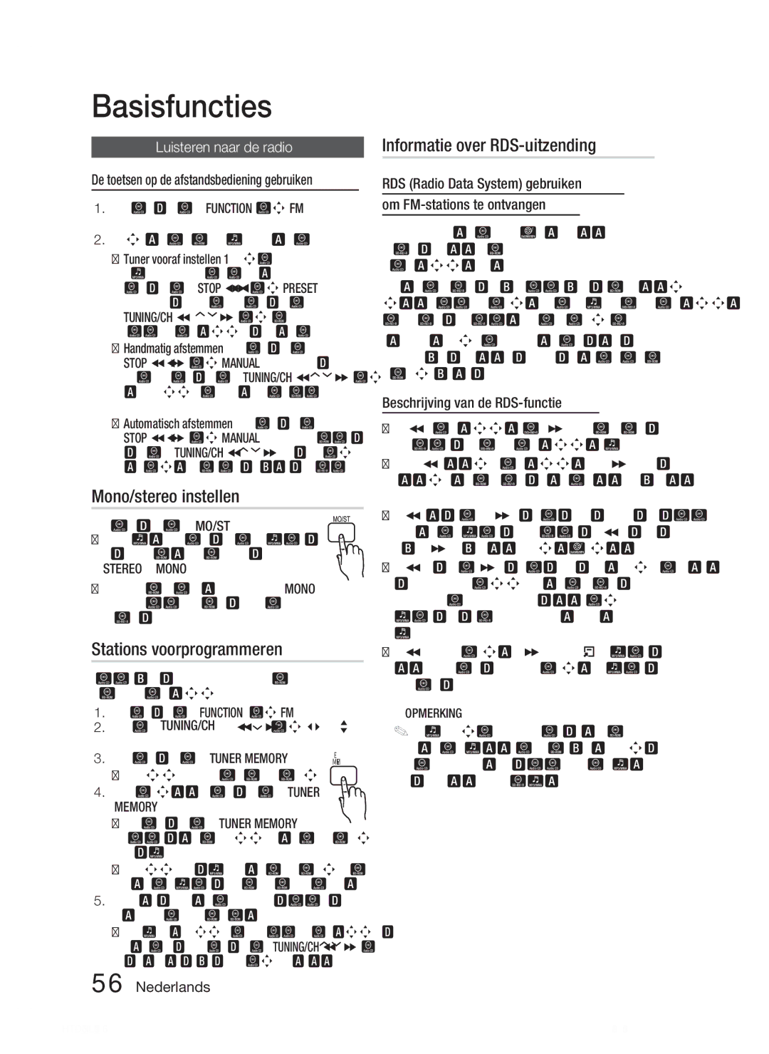 Samsung HT-D5550/ZF, HT-D5530/XN manual Mono/stereo instellen, Stations voorprogrammeren, Informatie over RDS-uitzending 