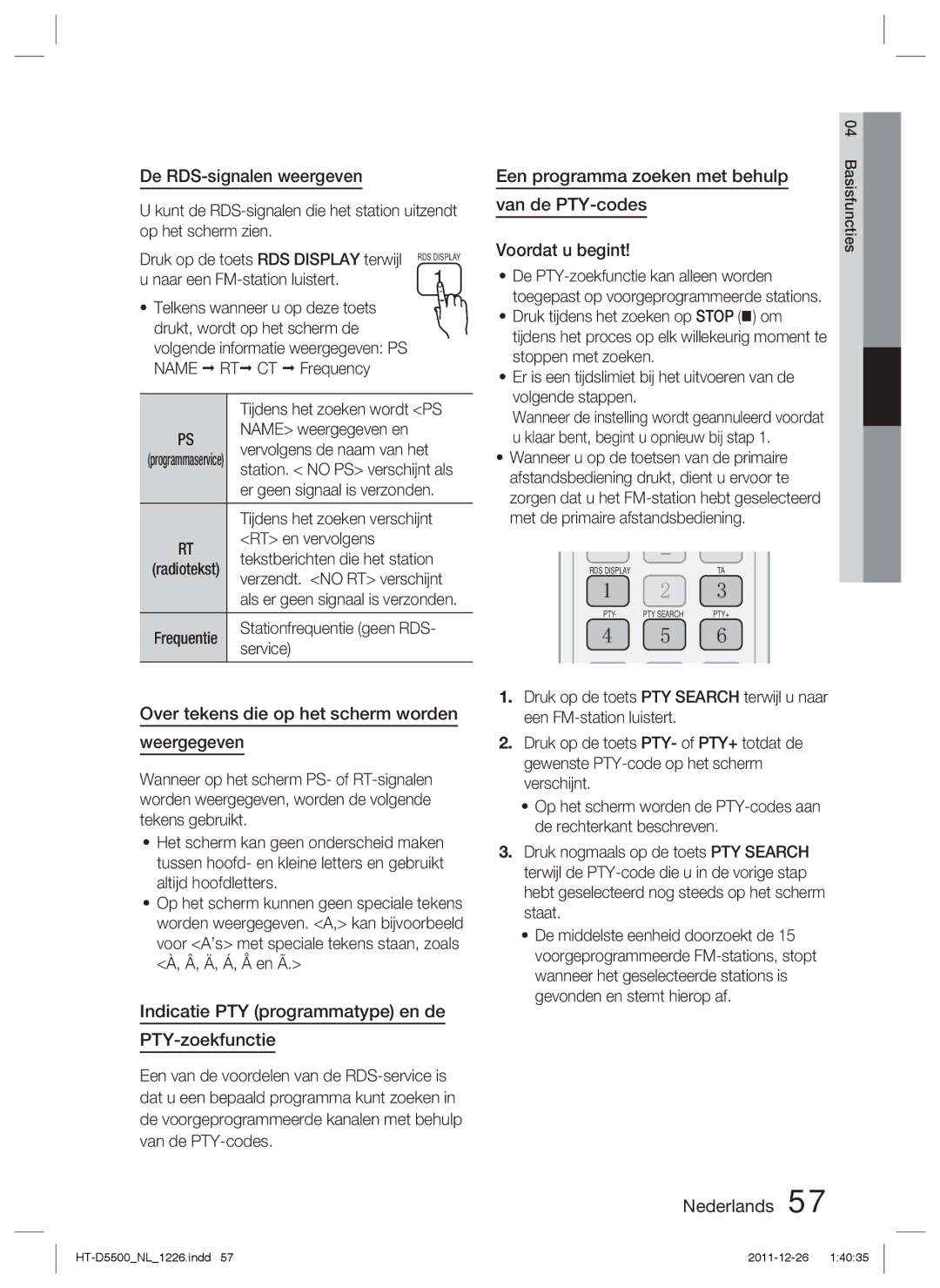 Samsung HT-D5500/ZF, HT-D5530/XN, HT-D5500/XN De RDS-signalen weergeven, Over tekens die op het scherm worden Weergegeven 