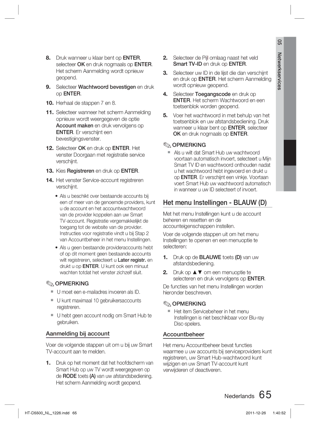 Samsung HT-D5500/ZF, HT-D5530/XN, HT-D5500/XN manual Het menu Instellingen Blauw D, Aanmelding bij account, Accountbeheer 