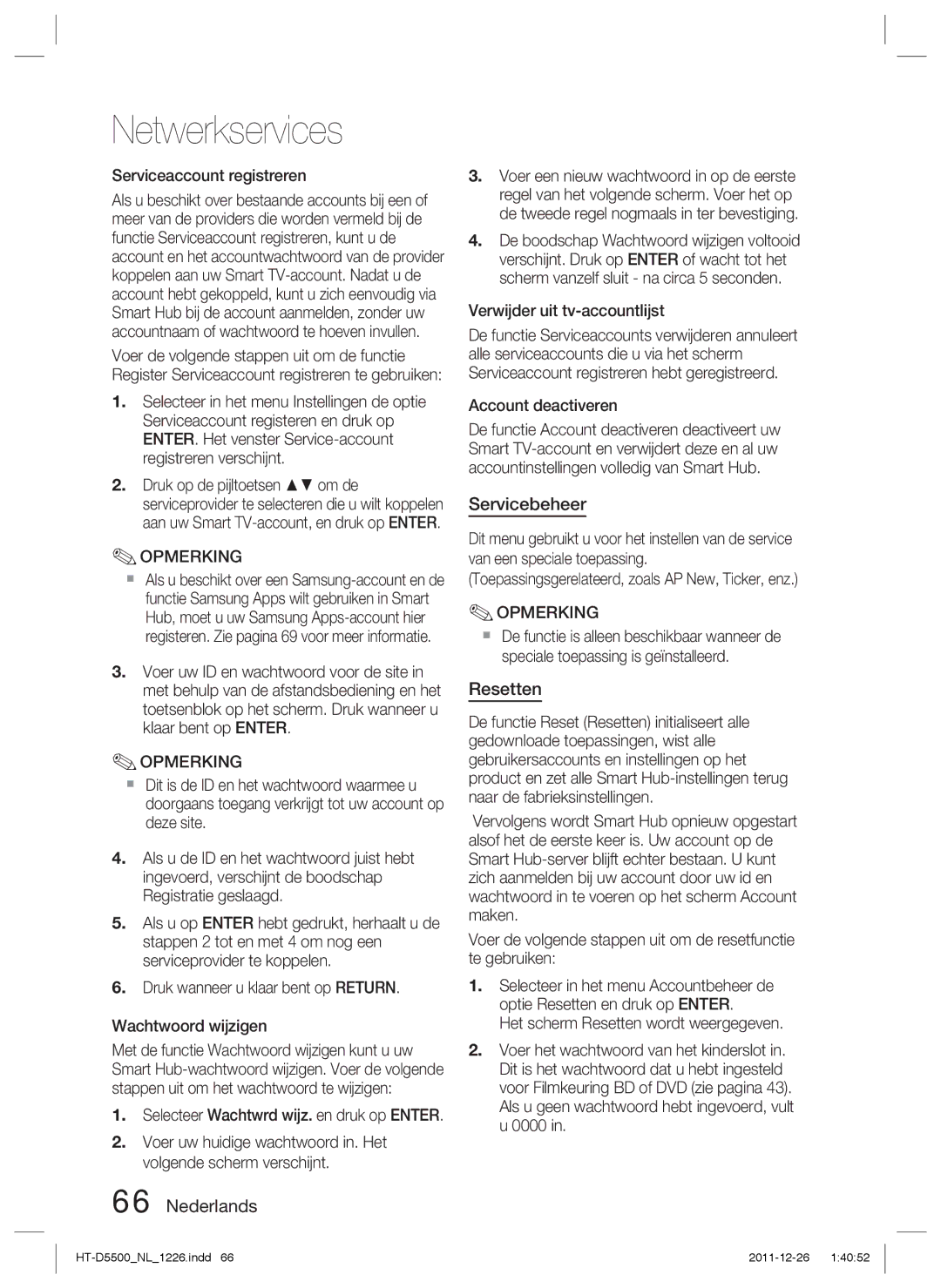 Samsung HT-D5530/XN, HT-D5500/XN manual Servicebeheer, Resetten, Serviceaccount registreren, Verwijder uit tv-accountlijst 