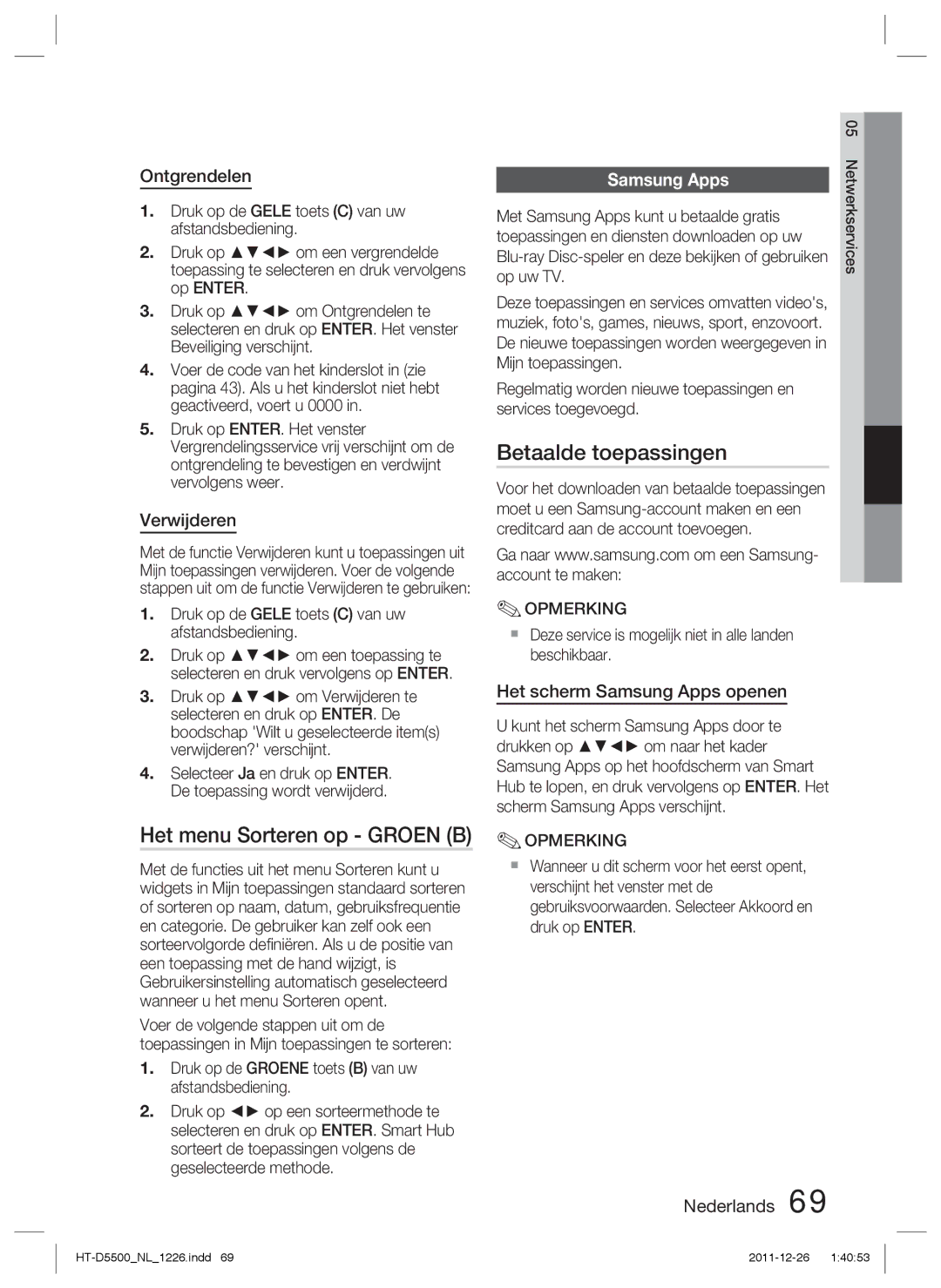 Samsung HT-D5500/ZA, HT-D5530/XN, HT-D5500/XN, HT-D5550/EN Het menu Sorteren op Groen B, Betaalde toepassingen, Samsung Apps 