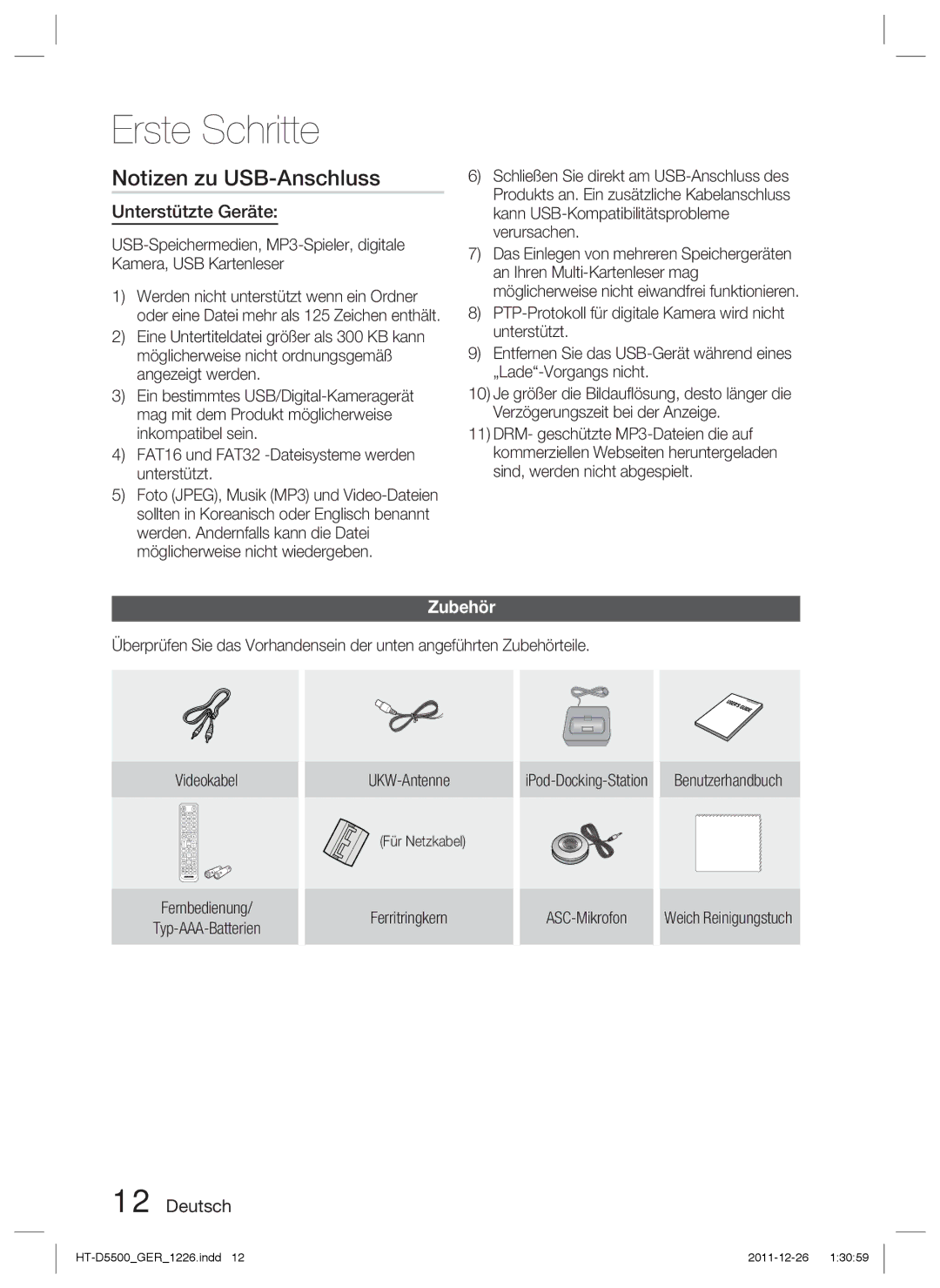 Samsung HT-D5530/XN, HT-D5500/XN, HT-D5550/EN, HT-D5500/ZA manual Notizen zu USB-Anschluss, Unterstützte Geräte, Zubehör 