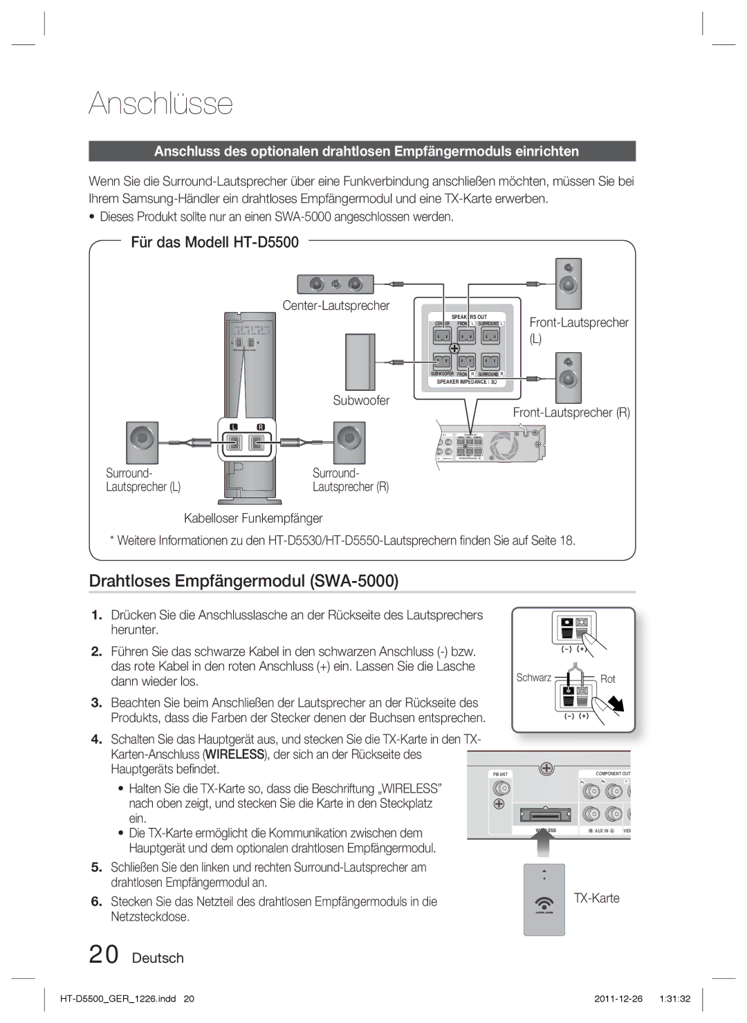 Samsung HT-D5530/XN manual Drahtloses Empfängermodul SWA-5000, Hauptgeräts beﬁndet, TX-Karte, Surround- Lautsprecher L 