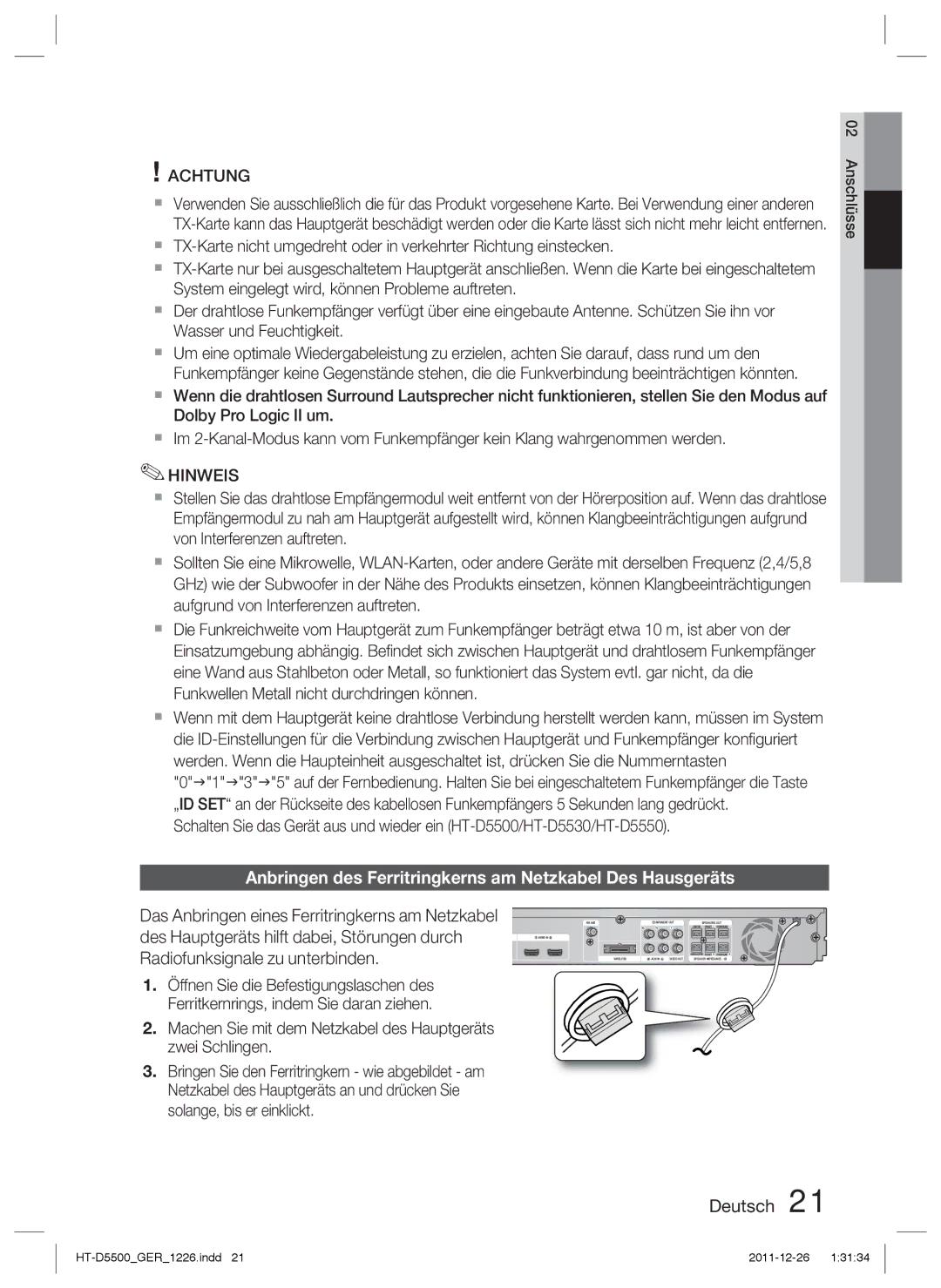 Samsung HT-D5500/XN, HT-D5530/XN, HT-D5550/EN manual Anbringen des Ferritringkerns am Netzkabel Des Hausgeräts, Hinweis 