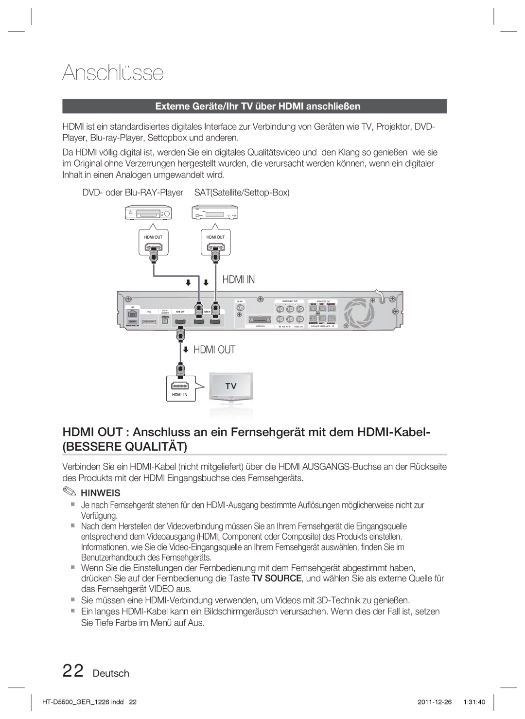 Samsung HT-D5550/EN Hdmi OUT Anschluss an ein Fernsehgerät mit dem HDMI-Kabel, Externe Geräte/Ihr TV über Hdmi anschließen 