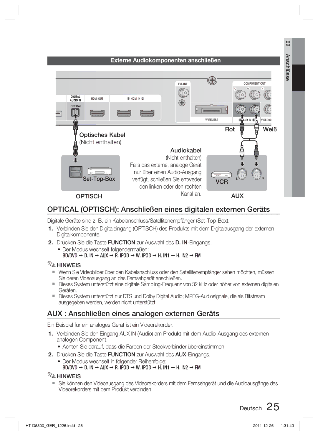 Samsung HT-D5530/ZF Optical Optisch Anschließen eines digitalen externen Geräts, Externe Audiokomponenten anschließen 