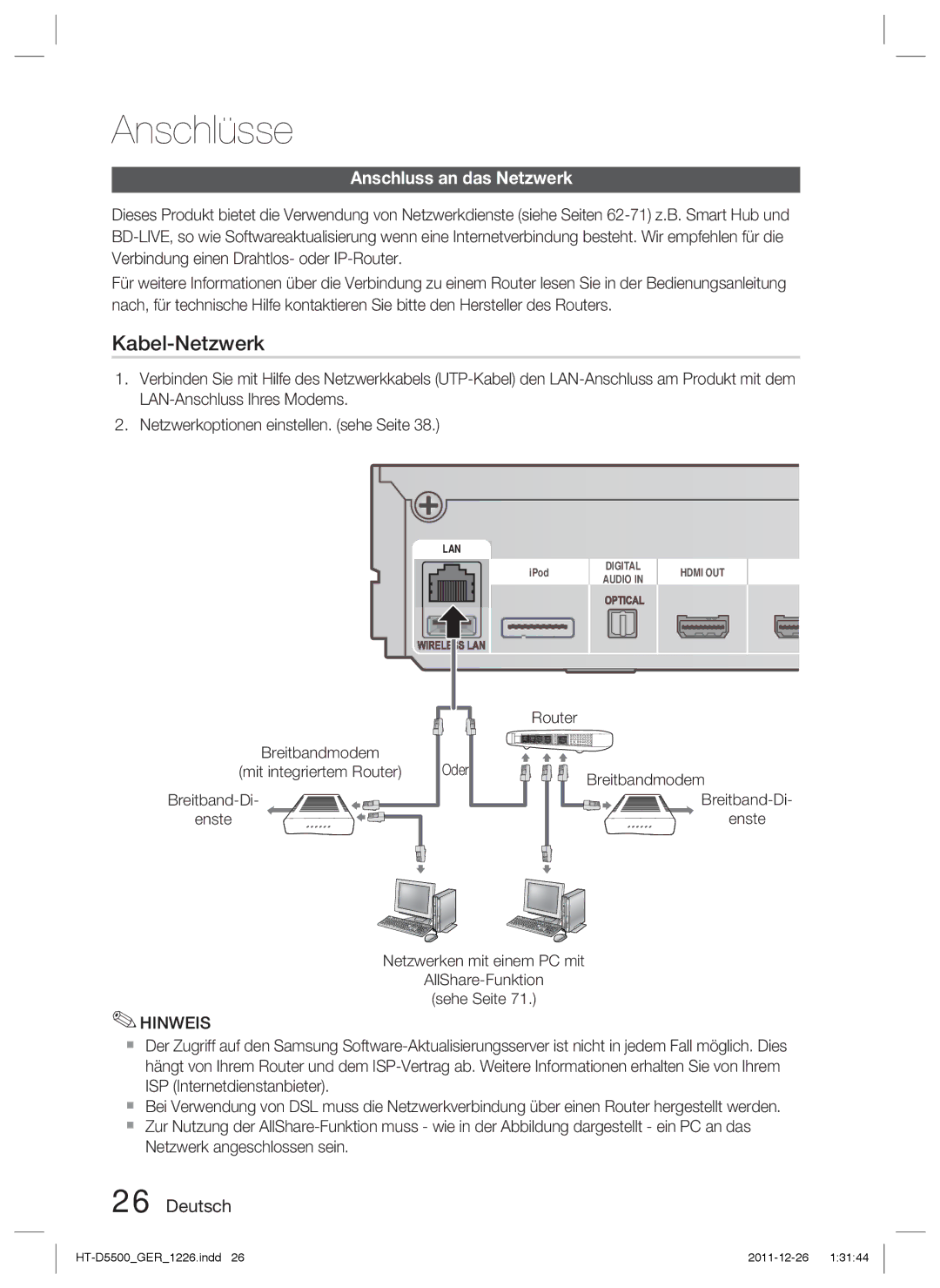 Samsung HT-D5550/ZF, HT-D5530/XN Anschluss an das Netzwerk, Breitbandmodem, Breitband-Di Enste, Mit integriertem Router 