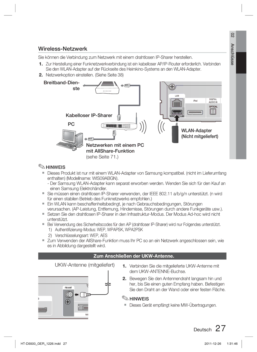 Samsung HT-D5500/ZF UKW-Antenne mitgeliefert, Zum Anschließen der UKW-Antenne, Netzwerkoption einstellen. Siehe Seite 