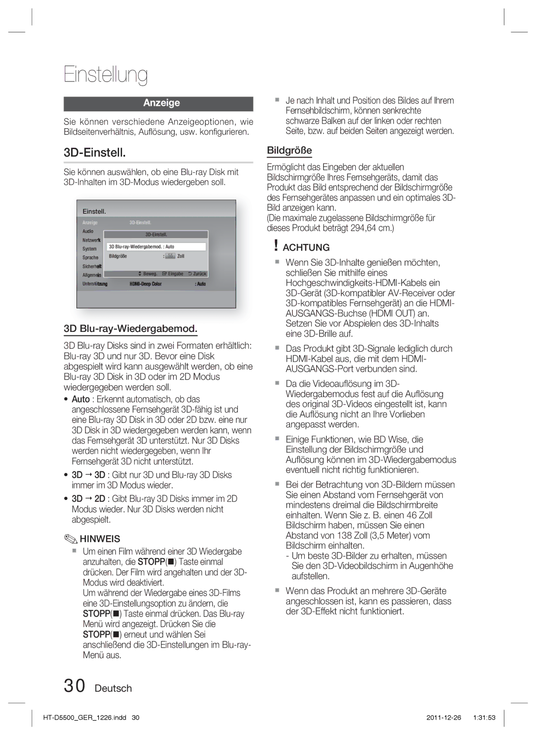 Samsung HT-D5550/EN, HT-D5530/XN, HT-D5500/XN, HT-D5500/ZA 3D-Einstell, Anzeige, 3D Blu-ray-Wiedergabemod, Deutsch Bildgröße 