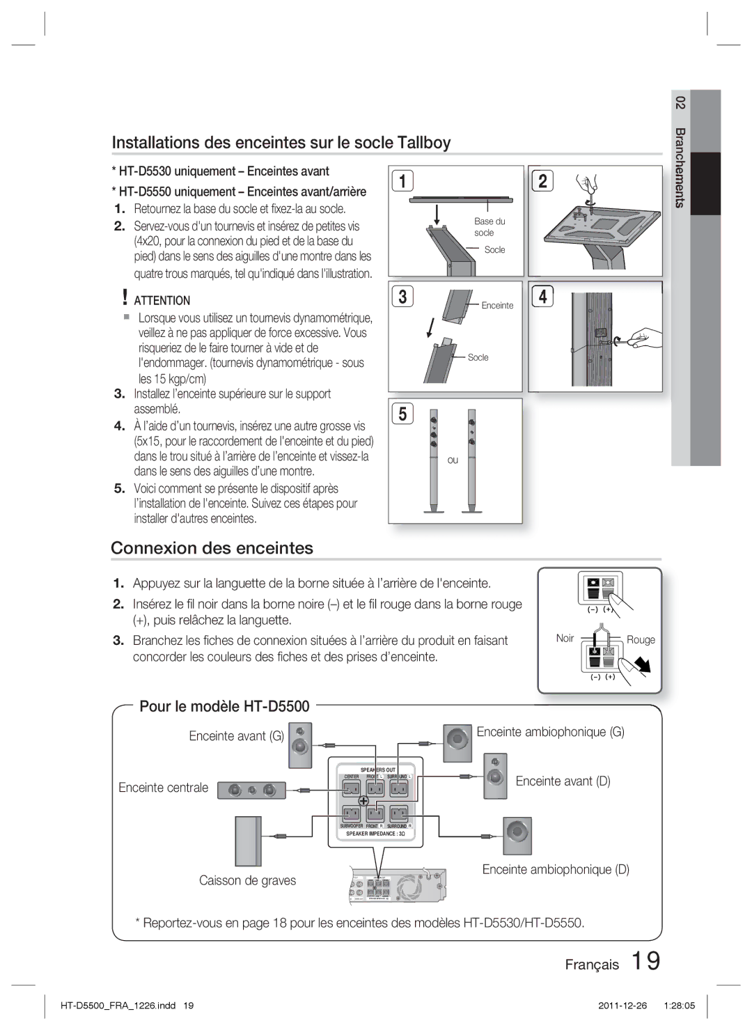 Samsung HT-D5500/ZA Installations des enceintes sur le socle Tallboy, Connexion des enceintes, Pour le modèle HT-D5500 