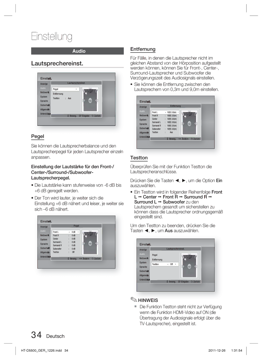 Samsung HT-D5550/ZF, HT-D5530/XN, HT-D5500/XN, HT-D5550/EN, HT-D5500/ZA Lautsprechereinst, Pegel, Deutsch Entfernung, Testton 