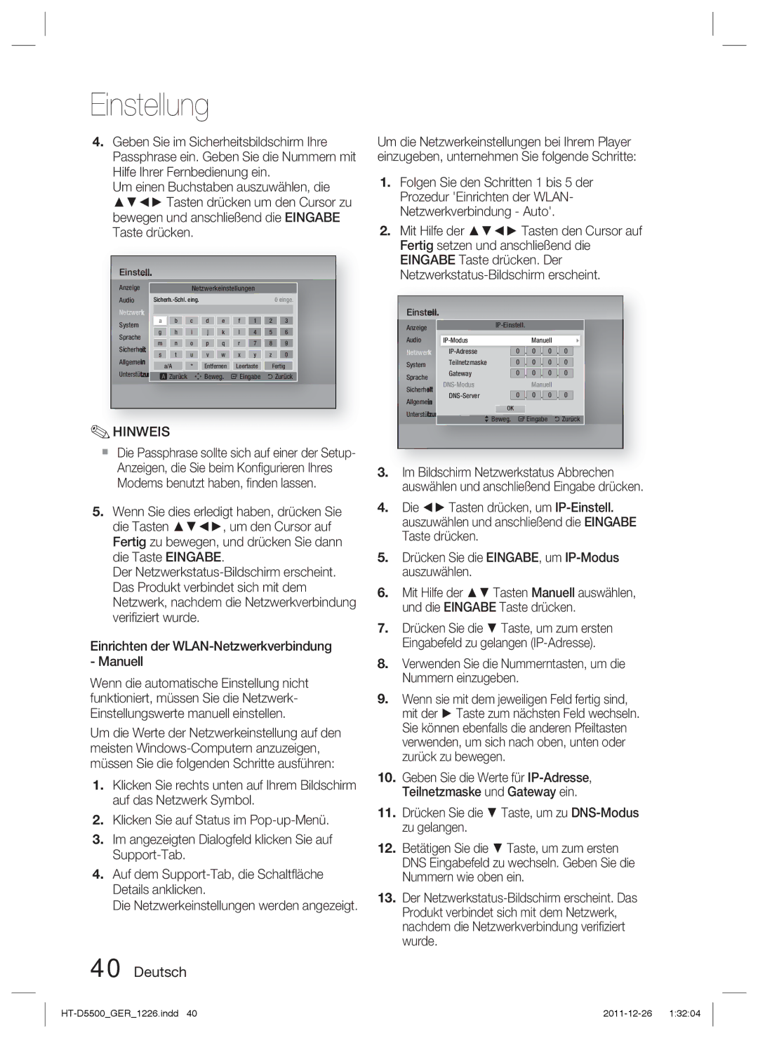 Samsung HT-D5500/EN, HT-D5530/XN, HT-D5500/XN manual Hinweis, Verwenden Sie die Nummerntasten, um die Nummern einzugeben 