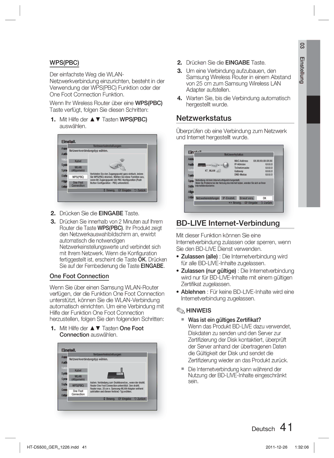 Samsung HT-D5530/ZF, HT-D5530/XN, HT-D5500/XN, HT-D5550/EN, HT-D5500/ZA manual Netzwerkstatus, BD-LIVE Internet-Verbindung 