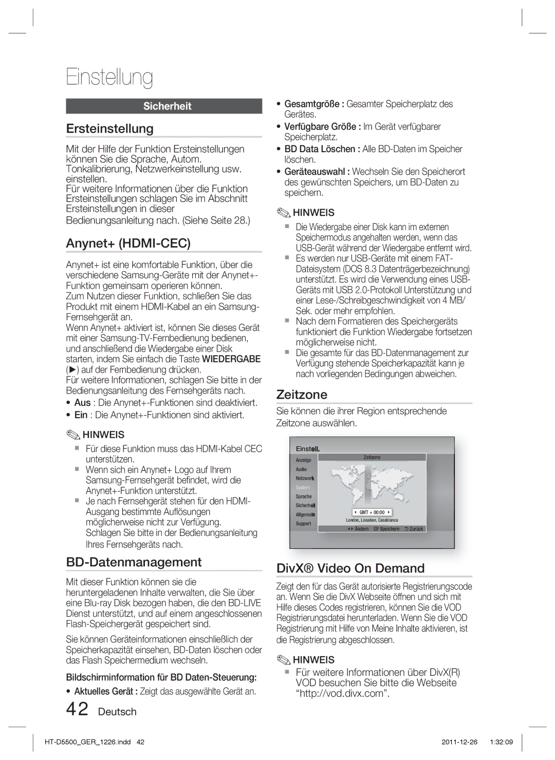 Samsung HT-D5550/ZF, HT-D5530/XN, HT-D5500/XN, HT-D5550/EN manual Ersteinstellung, BD-Datenmanagement, Zeitzone, Sicherheit 