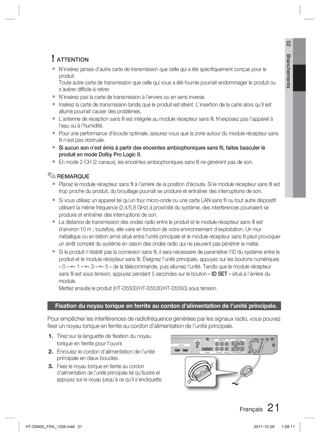 Samsung HT-D5530/ZF, HT-D5530/XN, HT-D5500/XN, HT-D5550/EN, HT-D5500/ZA, HT-D5500/EN manual FM ANT Component OUT Speakers OUT 