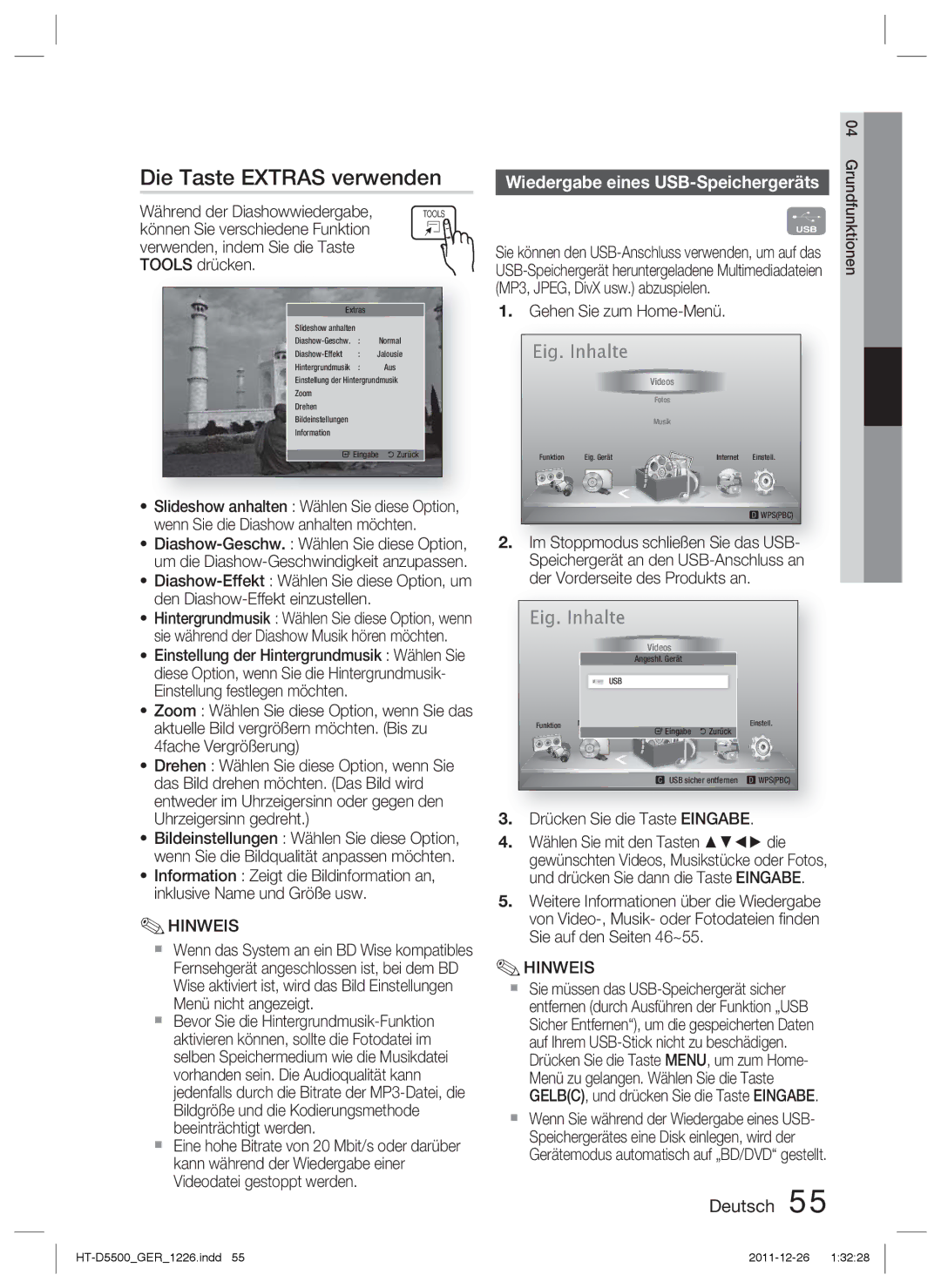 Samsung HT-D5500/ZA, HT-D5530/XN Die Taste Extras verwenden, Wiedergabe eines USB-Speichergeräts, Gehen Sie zum Home-Menü 