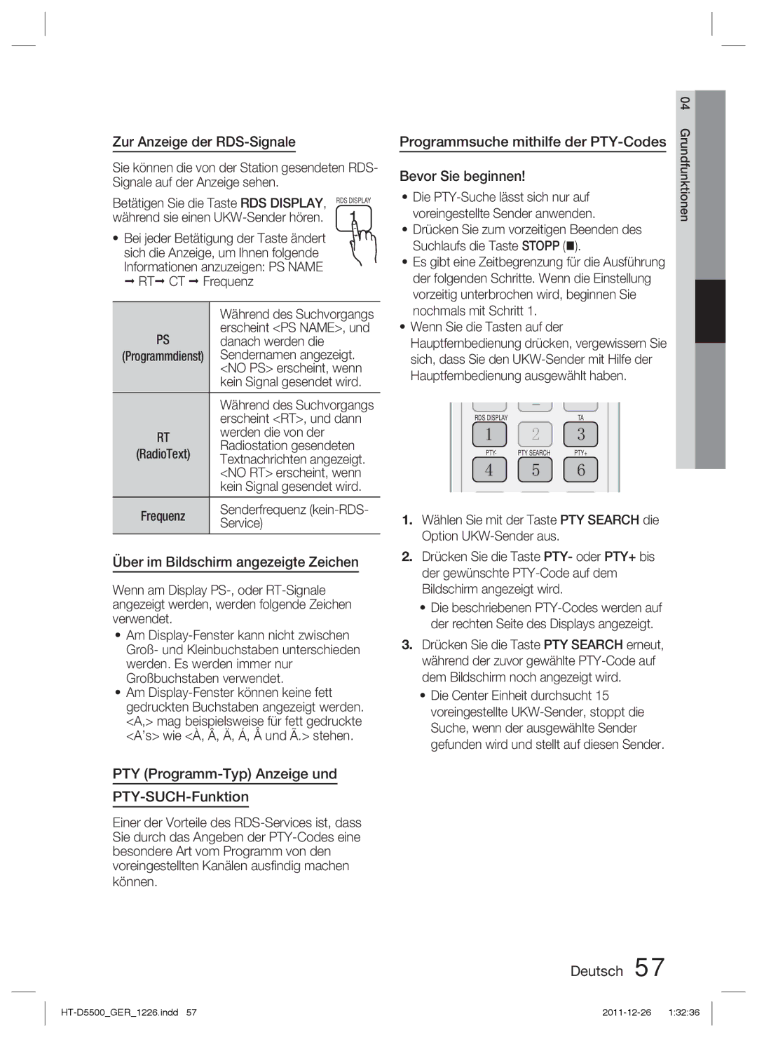 Samsung HT-D5530/ZF, HT-D5530/XN Zur Anzeige der RDS-Signale, Über im Bildschirm angezeigte Zeichen, Bevor Sie beginnen 