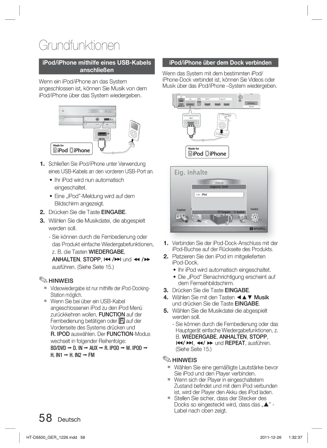 Samsung HT-D5550/ZF, HT-D5530/XN IPod/iPhone mithilfe eines USB-Kabels Anschließen, IPod/iPhone über dem Dock verbinden 