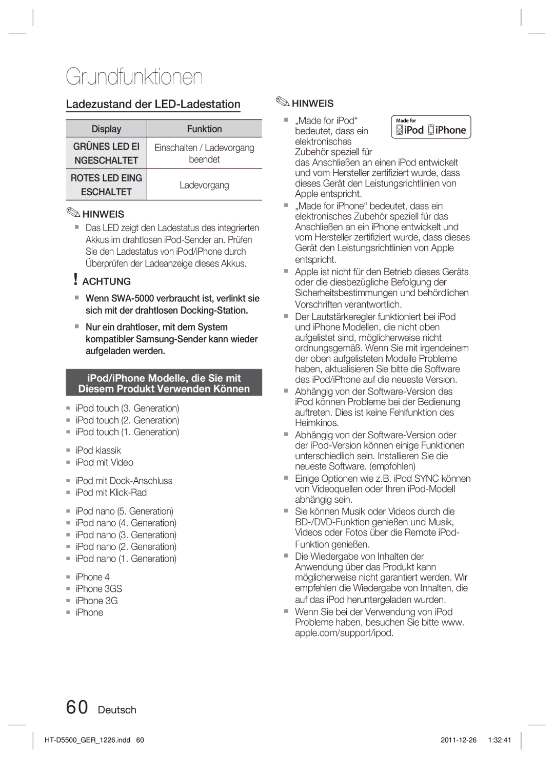 Samsung HT-D5530/XN manual Ladezustand der LED-Ladestation, Display Funktion, Grünes LED EI, Rotes LED Eing, Eschaltet 