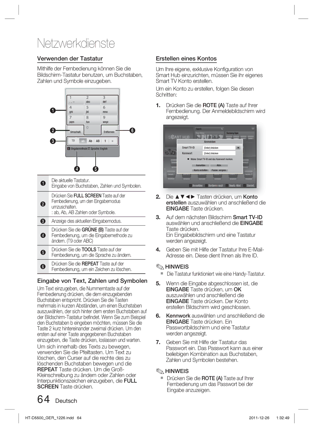 Samsung HT-D5500/EN manual Verwenden der Tastatur, Eingabe von Text, Zahlen und Symbolen, Deutsch Erstellen eines Kontos 