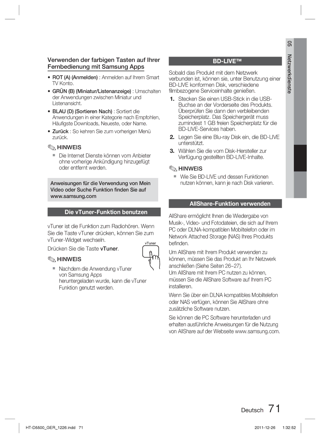 Samsung HT-D5500/ZA manual Die vTuner-Funktion benutzen, AllShare-Funktion verwenden, ﬁlmbezogene Serviceinhalte genießen 