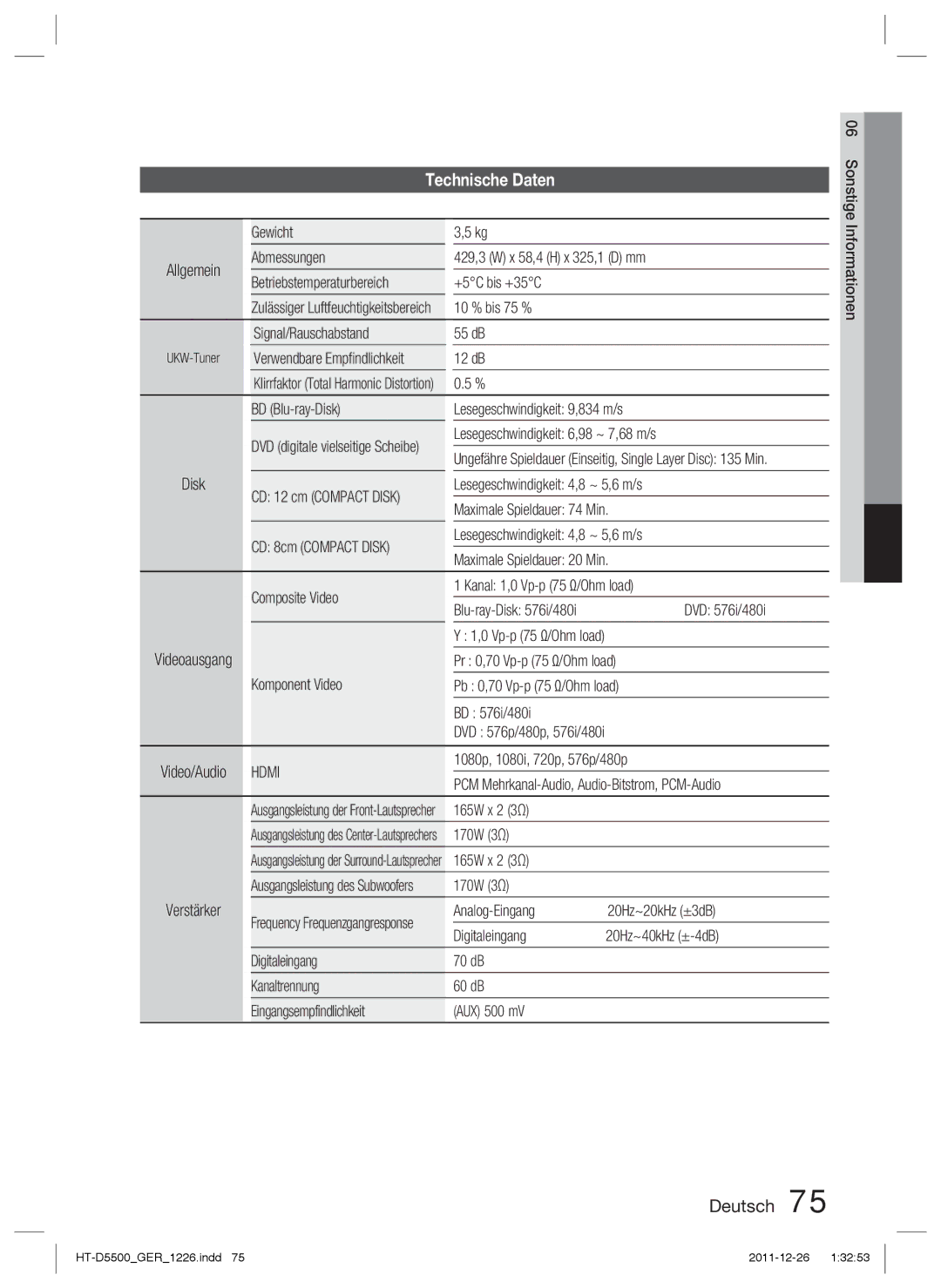 Samsung HT-D5500/ZF, HT-D5530/XN, HT-D5500/XN, HT-D5550/EN, HT-D5500/ZA, HT-D5500/EN, HT-D5530/ZF, HT-D5550/ZF Technische Daten 