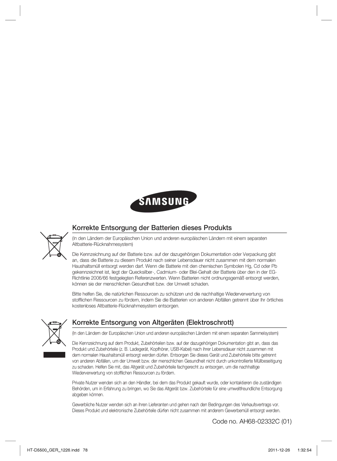 Samsung HT-D5500/XN Korrekte Entsorgung der Batterien dieses Produkts, Korrekte Entsorgung von Altgeräten Elektroschrott 