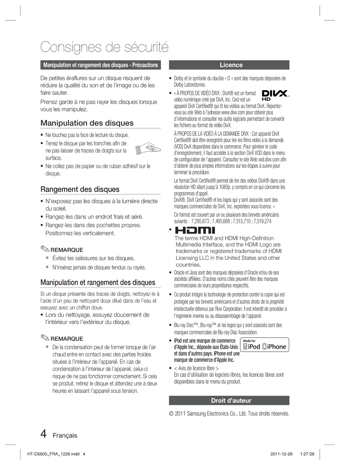 Samsung HT-D5500/EN Manipulation des disques, Rangement des disques, Manipulation et rangement des disques, Droit d’auteur 