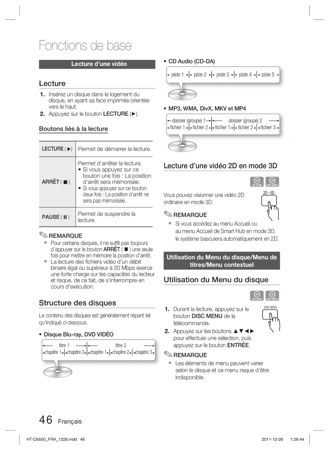 Samsung HT-D5550/ZF, HT-D5530/XN manual Fonctions de base, Structure des disques, Lecture d’une vidéo 2D en mode 3D 