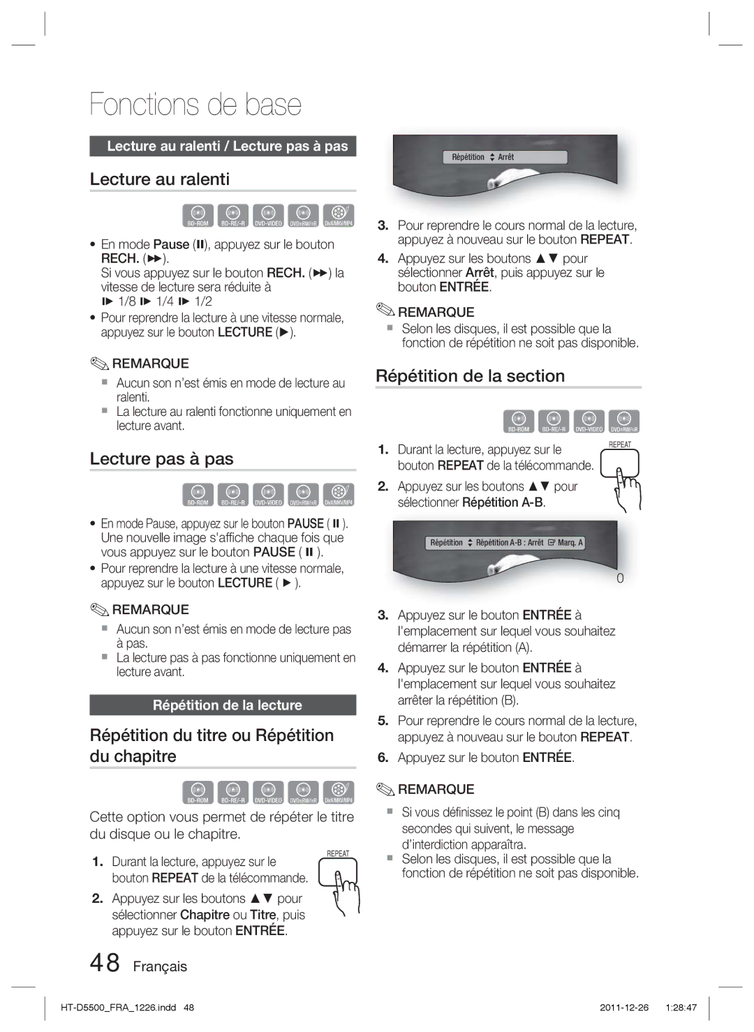 Samsung HT-D5530/XN, HT-D5500/XN manual Lecture au ralenti, Lecture pas à pas, Répétition du titre ou Répétition du chapitre 