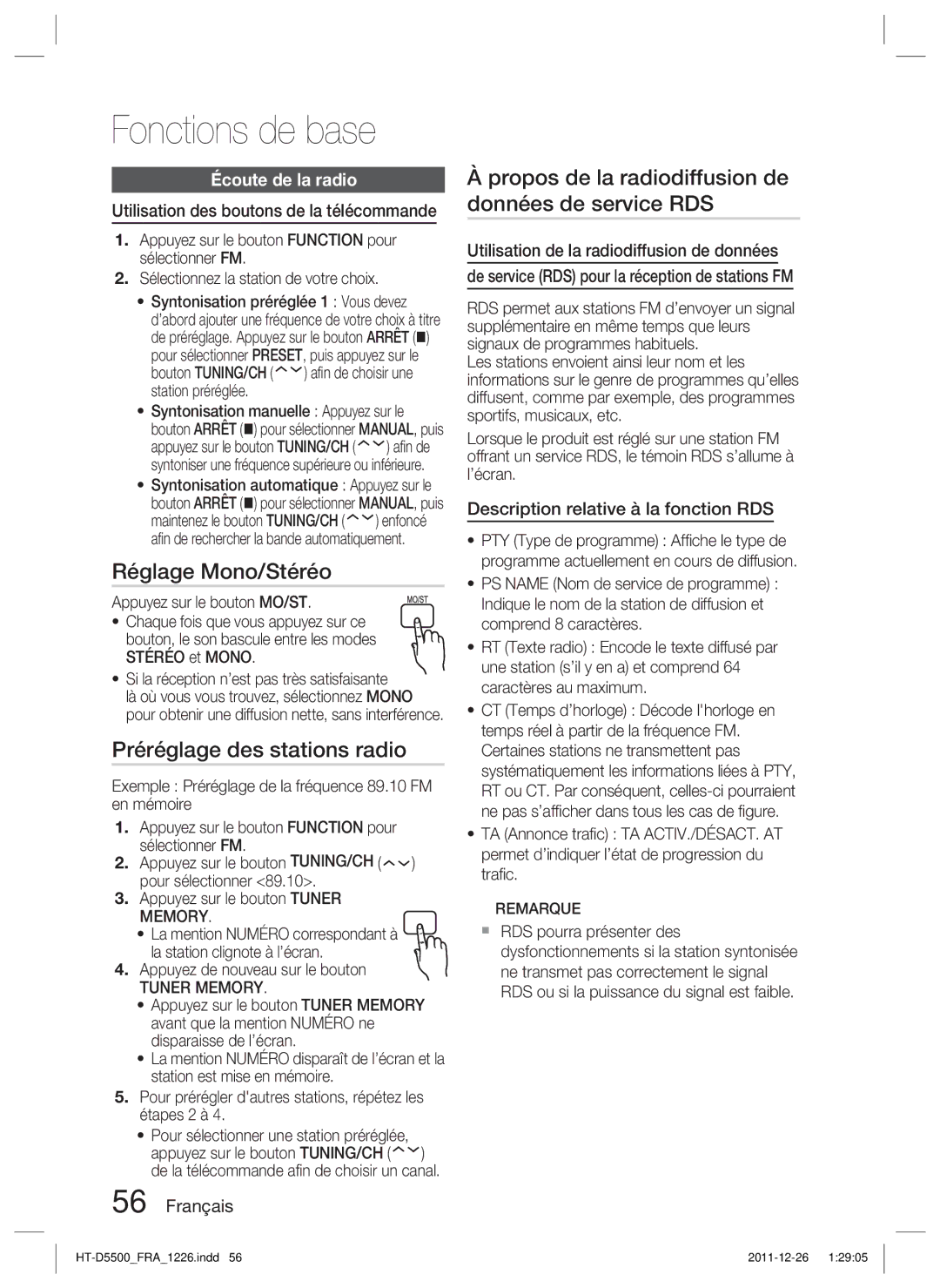 Samsung HT-D5530/XN, HT-D5500/XN, HT-D5550/EN manual Réglage Mono/Stéréo, Préréglage des stations radio, Écoute de la radio 