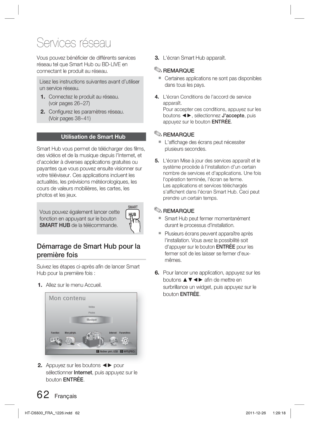 Samsung HT-D5550/ZF, HT-D5530/XN Services réseau, Démarrage de Smart Hub pour la première fois, Utilisation de Smart Hub 