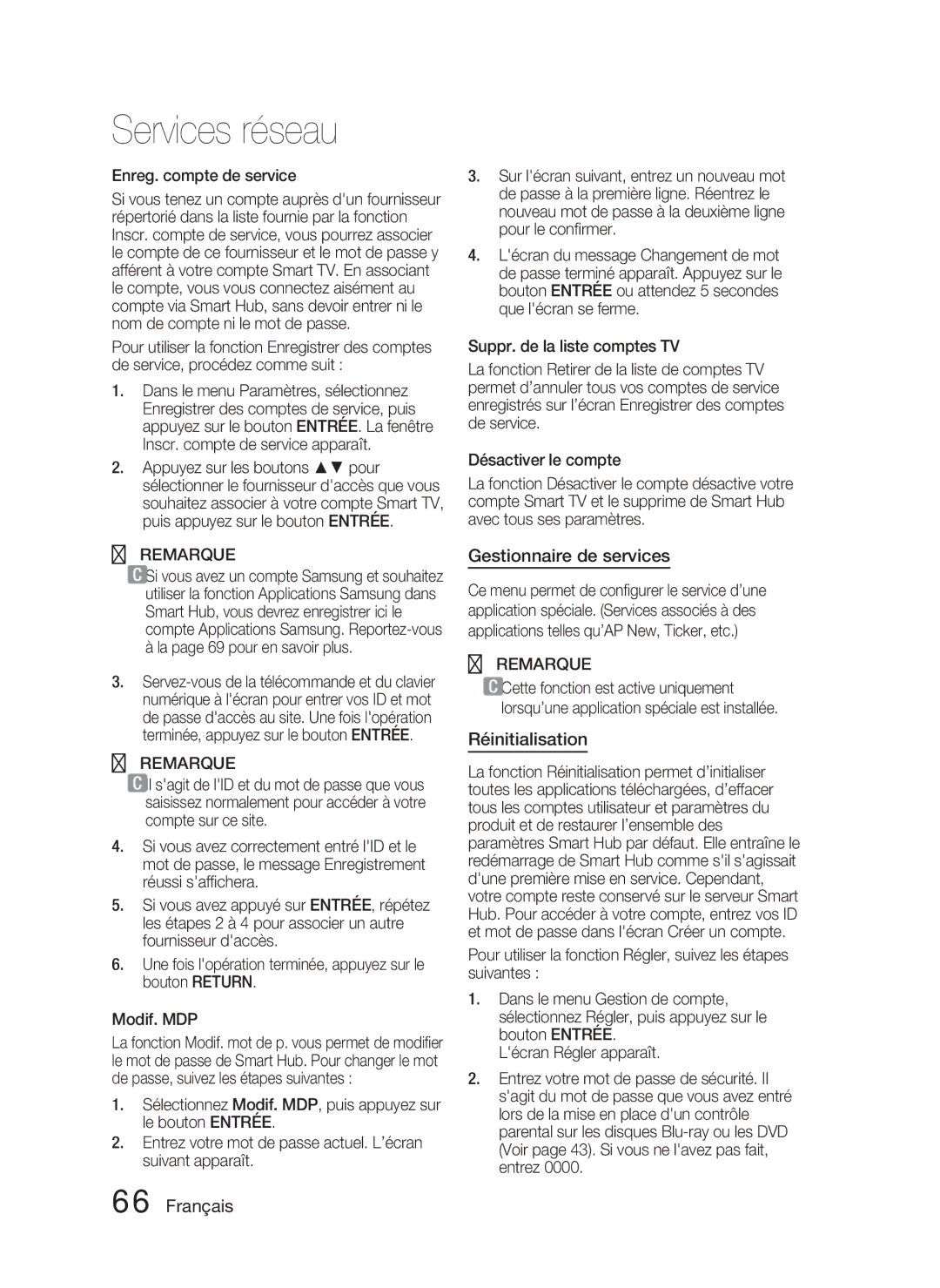 Samsung HT-D5550/EN, HT-D5530/XN, HT-D5500/XN manual Gestionnaire de services, Réinitialisation, Enreg. compte de service 