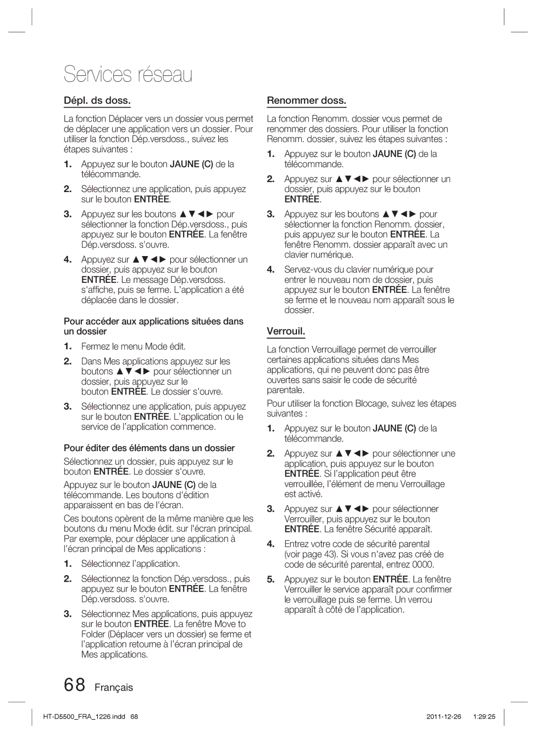 Samsung HT-D5500/EN, HT-D5530/XN manual Dépl. ds doss, Français Renommer doss, Verrouil, Bouton ENTRÉE. Le dossier souvre 