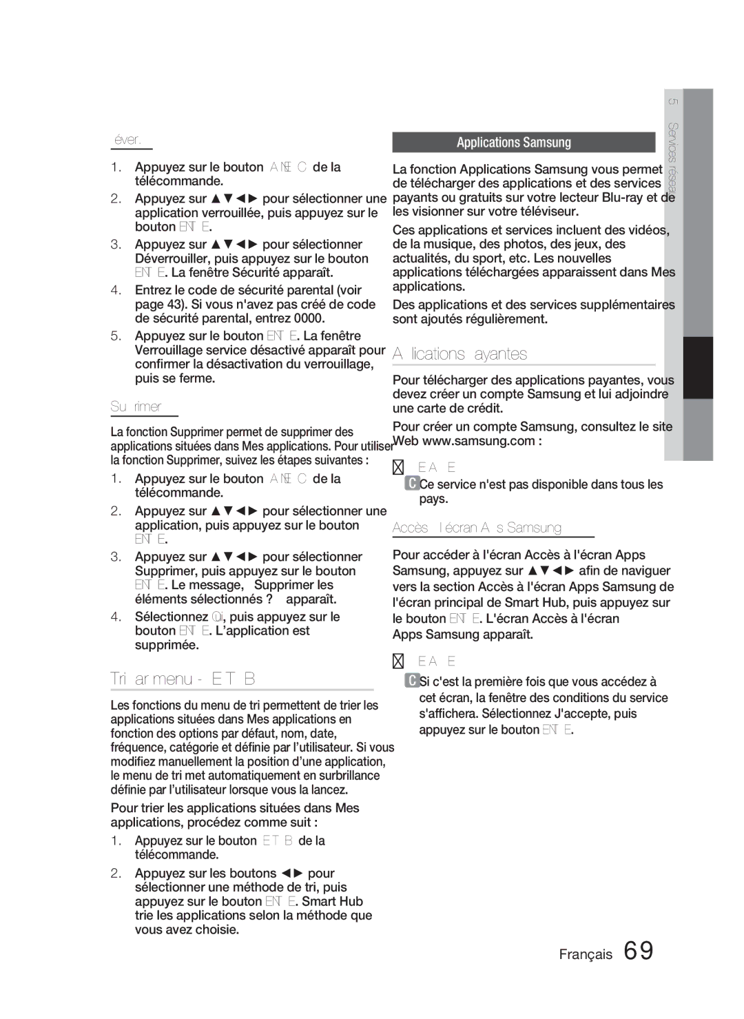 Samsung HT-D5530/ZF, HT-D5530/XN, HT-D5500/XN, HT-D5550/EN Tri par menu Vert B, Applications payantes, Applications Samsung 