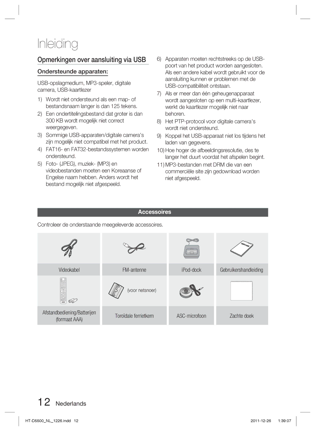 Samsung HT-D5550/EN, HT-D5530/XN, HT-D5500/XN, HT-D5500/ZA manual Opmerkingen over aansluiting via USB, Ondersteunde apparaten 