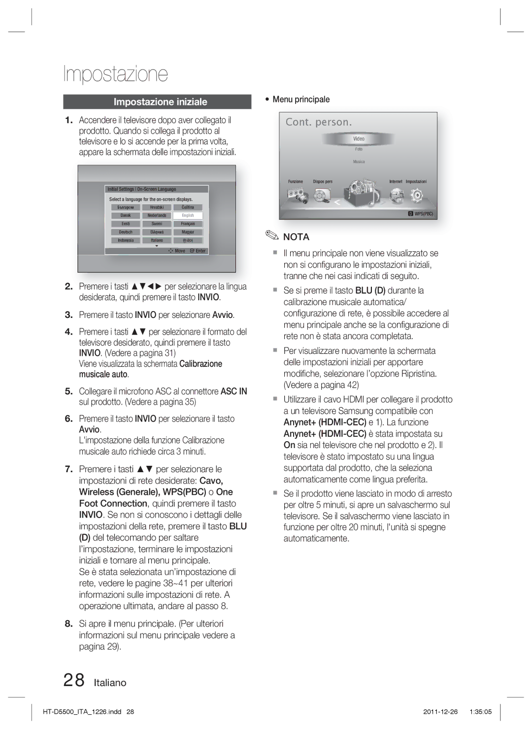 Samsung HT-D5550/ZF, HT-D5530/ZF Impostazione iniziale, Premere il tasto Invio per selezionare Avvio, Menu principale 