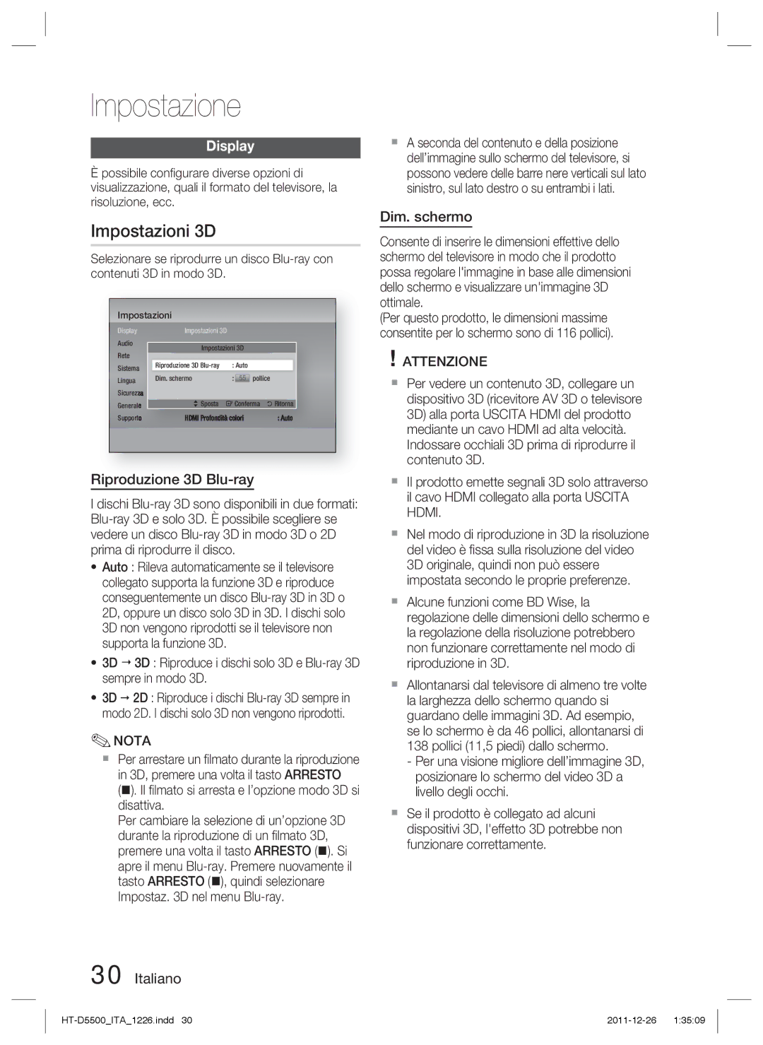 Samsung HT-D5530/ZF, HT-D5550/ZF, HT-D5500/ZF manual Impostazioni 3D, Display, Riproduzione 3D Blu-ray, Dim. schermo 