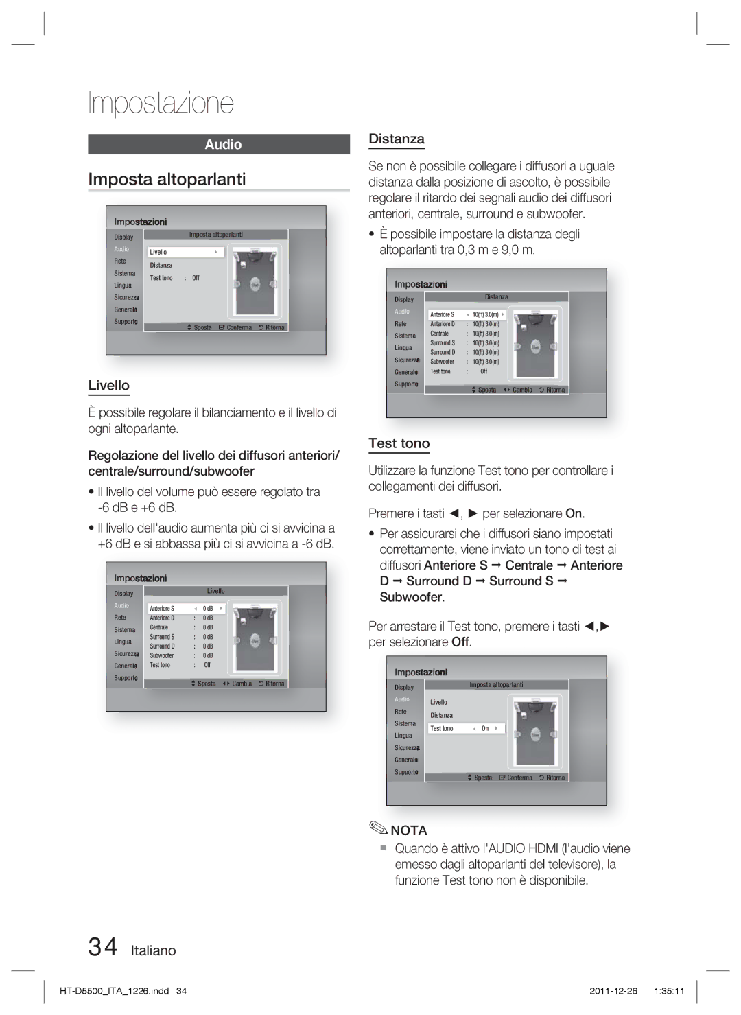 Samsung HT-D5550/ZF, HT-D5530/ZF, HT-D5500/ZF manual Imposta altoparlanti, Livello, Italiano Distanza, Test tono 